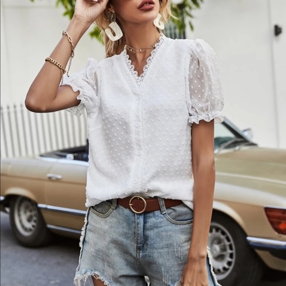 Boho Swiss dot lace contrast V neck blouse - Picture 5 of 6